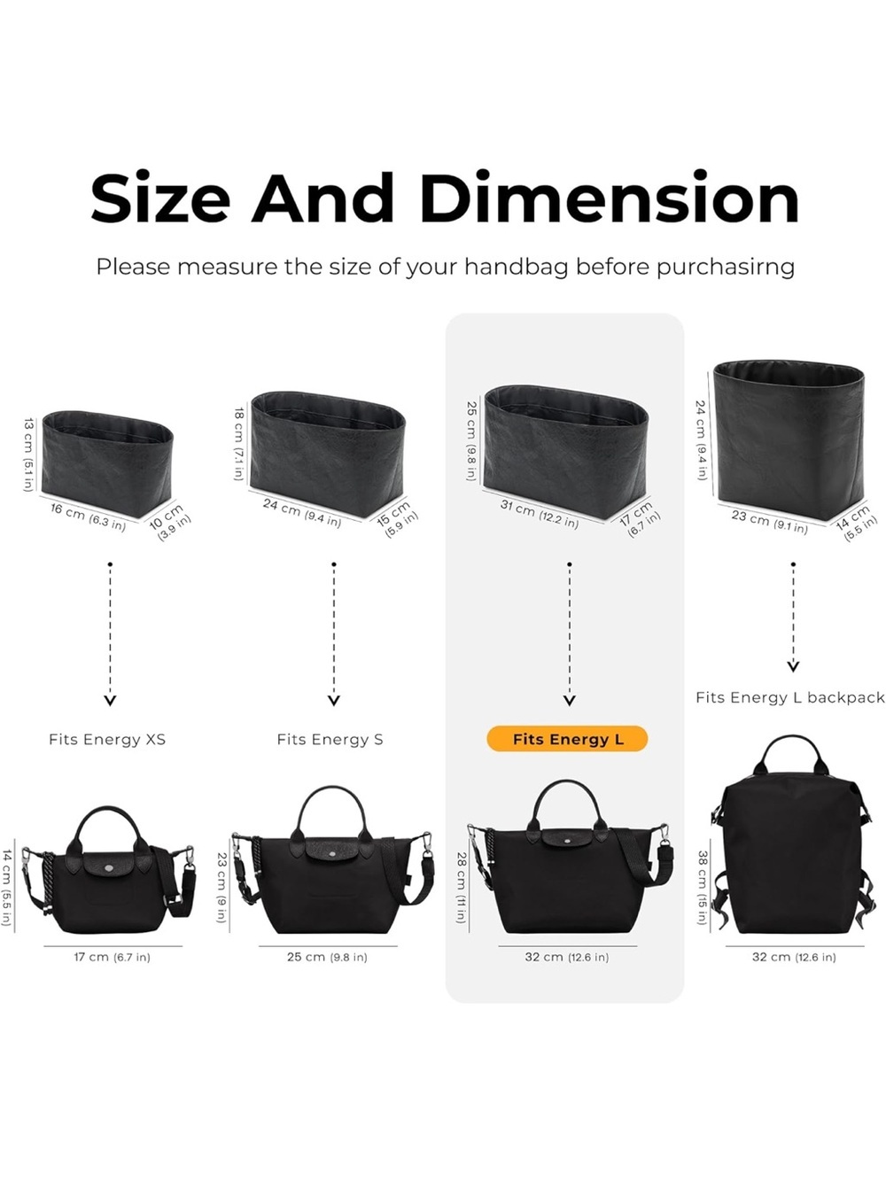 Tote Bag Organizer Insert for Le Pliage Energy L Handbag 1482/lb2-2 - Picture 2 of 10